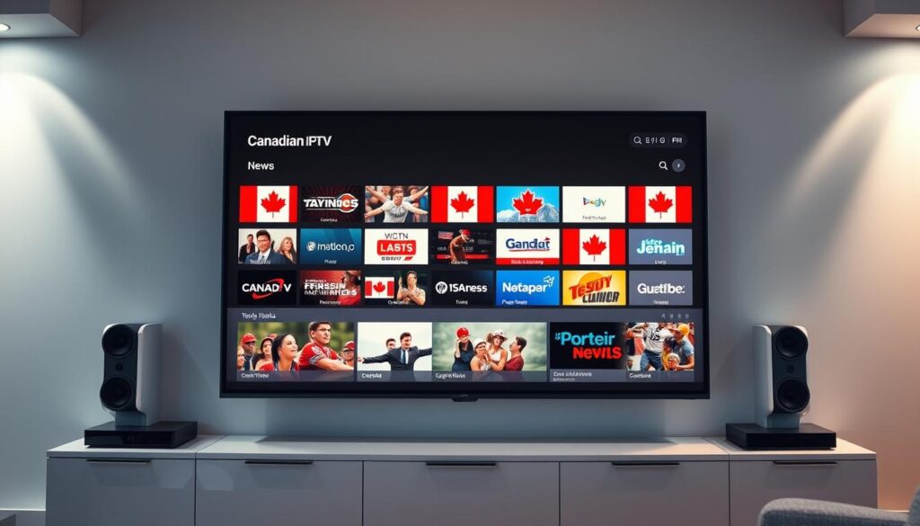 A well-lit home entertainment system, showcasing a variety of Canadian IPTV channels on a large, high-definition television screen. The channels display a mix of popular local news, sports, and entertainment programming, representing the diverse cultural and linguistic landscape of Canada. The screen is surrounded by a modern, minimalist entertainment unit with clean lines and a neutral color palette, creating a sleek and sophisticated atmosphere. Soft, warm lighting from hidden sources illuminates the scene, adding depth and dimension. The overall composition conveys the convenience and accessibility of accessing Canadian local channels through an IPTV service.