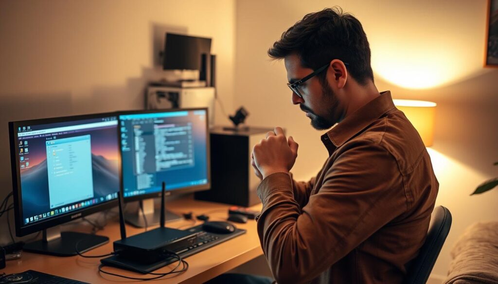 A well-lit home office setting, with a desktop computer, a router, and various networking equipment. The protagonist, a tech-savvy individual, is troubleshooting an IPTV connection, examining cables, adjusting settings on the router and computer screen. The room is bathed in a warm, soft lighting, creating a cozy and focused atmosphere. The background features minimal clutter, allowing the viewer to concentrate on the task at hand. A sense of problem-solving and technical expertise is conveyed through the pose and expression of the protagonist.