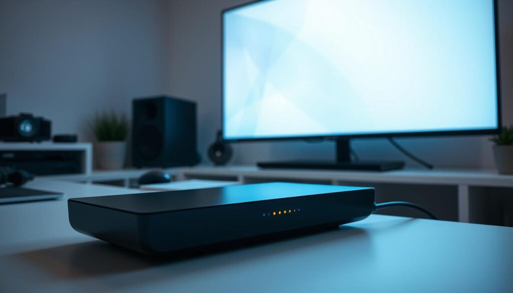 A well-lit home office setup with a modern streaming device prominently displayed on a minimalist desk. The device has a sleek, futuristic design with glowing LED indicators. In the background, a large 4K TV screen showcases a crisp, high-resolution image, while discreet cable management keeps the workspace tidy. Soft, directional lighting illuminates the scene, creating a professional, technology-focused atmosphere. The overall composition emphasizes the ease and convenience of setting up a high-quality streaming solution for immersive entertainment.