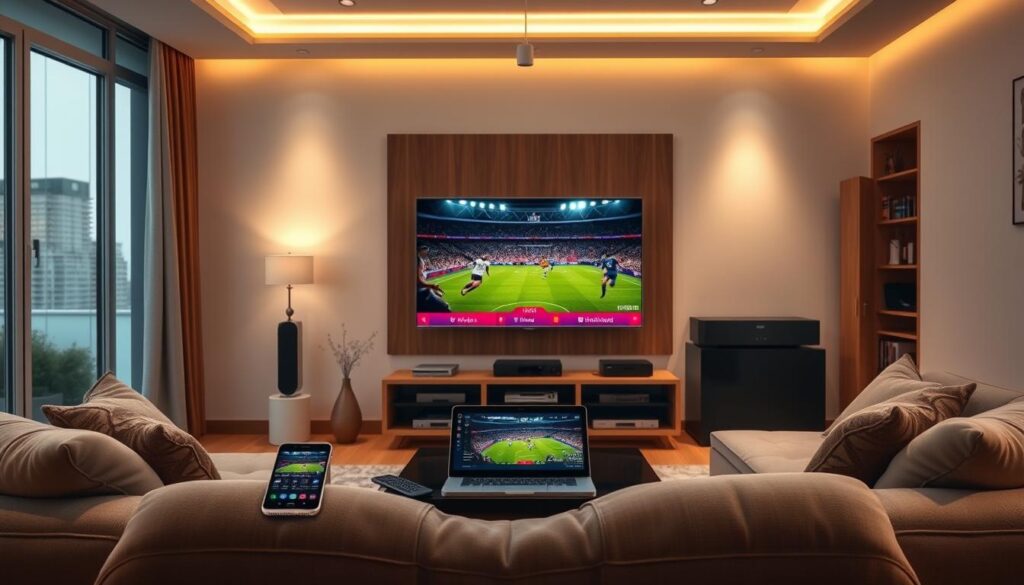 A well-lit living room interior with a 4K TV displaying a Premier League soccer match, surrounded by various devices including a smartphone, tablet, and set-top box, all connected to an IPTV service. The room has a modern, minimalist aesthetic with warm lighting, wooden accents, and clean lines. The devices are arranged in a natural, organic composition, showcasing the versatility of IPTV for Premier League viewing across multiple platforms. The overall mood is one of convenience, enjoyment, and immersion in the match.