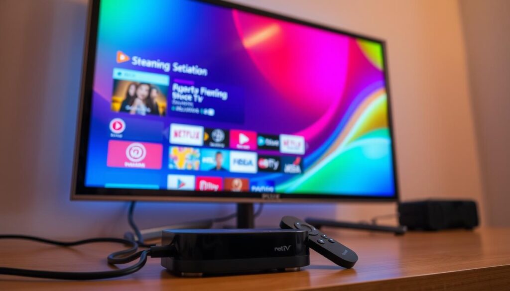 A well-lit, modern home media setup with a sleek smart TV, streaming device, and intuitive remote control prominently displayed. The TV screen showcases a lively, vibrant interface for a popular streaming service, reflecting the seamless integration and user-friendly experience. The composition emphasizes the ease of installation, with cables discreetly routed and the setup appearing clean and organized. The lighting creates a warm, inviting atmosphere, and the overall scene conveys a sense of effortless technology integration into the domestic environment.