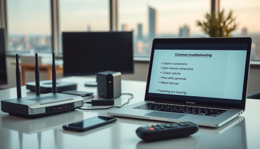 A well-lit office space, with a desk showcasing various devices connected to a router or modem. In the foreground, a laptop screen displays common troubleshooting steps, such as checking network connections, clearing cache, and rebooting devices. The middle ground features a smartphone and a remote control, representing the variety of IPTV devices that may require troubleshooting. The background depicts a serene, blurred cityscape, conveying a sense of tranquility and professionalism in resolving customer issues. The overall scene emphasizes the importance of technical expertise and empathetic customer service in navigating common IPTV challenges.