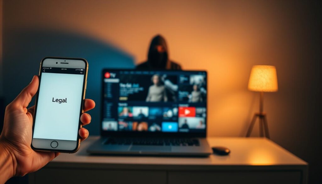 A well-lit scene depicting the legal and illegal streaming landscape. In the foreground, a hand holds a smartphone displaying a legal streaming app, its interface clean and professional. In the middle ground, a laptop screen shows an IPTV service, its interface cluttered and suspicious. In the background, a shadowy figure lurks, representing the risks of illegal streaming. Soft, warm lighting illuminates the legal option, while the illegal one is cast in an ominous, blue-tinged glow. The composition conveys the clear distinction between the secure, authorized path and the murky, dangerous realm of piracy.