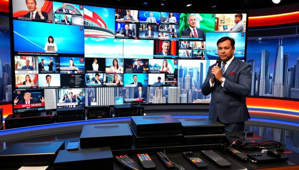 A well-lit scene of a modern news studio with a large video wall displaying a diverse array of international news channels. In the foreground, a news anchor stands in a dynamic pose, microphone in hand, delivering a report with a serious yet captivating expression. The mid-ground features an array of IPTV set-top boxes, remotes, and other media equipment, conveying the power and versatility of IPTV news platforms. The background showcases a cityscape with towering skyscrapers, hinting at the global reach and influence of the news channels. The overall atmosphere is one of professionalism, innovation, and the rapid flow of information in the digital age.
