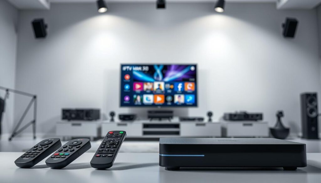 A well-lit studio scene depicting a group of IPTV players, representing the essential requirements for an optimal IPTV experience. In the foreground, several modern TV remote controls and streaming devices are neatly arranged, showcasing the advanced technology needed for seamless IPTV operation. The middle ground features a large, high-definition television screen displaying a vibrant, crystal-clear IPTV interface, highlighting the visual quality and user-friendly design. In the background, a sleek, minimalist entertainment center provides the necessary infrastructure to power the IPTV setup, with clean cable management and a sense of technological sophistication. The overall atmosphere is one of professionalism, attention to detail, and a commitment to delivering the ultimate IPTV experience.