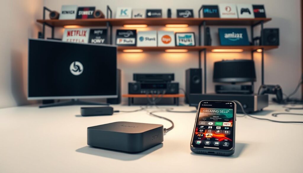 A well-lit studio scene showcasing a variety of modern streaming devices. In the foreground, a sleek smart TV, a compact streaming box, and a smartphone with a streaming app open. In the middle ground, a hi-fi audio system and a gaming console, all connected by a tangle of minimalist cables. The background features shelves displaying various streaming service logos and promotional materials, creating a sense of technological immersion. Soft, warm lighting illuminates the scene, casting subtle shadows and highlighting the textures of the devices. The overall mood is one of contemporary, high-tech sophistication.