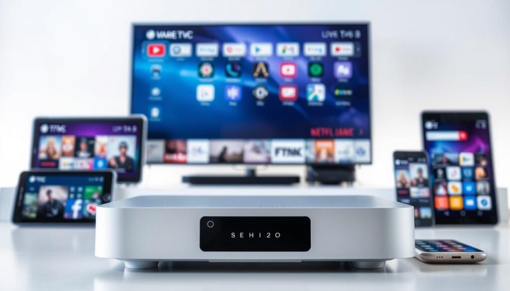 A well-lit, wide-angle photograph of an IPTV service features display. In the foreground, a sleek, modern IPTV device with a clean, minimalist design. Prominently featured are the IPTV service's key features, such as a wide selection of live TV channels, on-demand content, and DVR capabilities. The middle ground showcases various devices compatible with the IPTV service, including smart TVs, tablets, and mobile phones, all seamlessly connected. In the background, a subtle gradient or pattern evokes a sense of technology and innovation. The overall composition conveys the comprehensive, user-friendly nature of the IPTV service, highlighting its ability to deliver a premium entertainment experience.