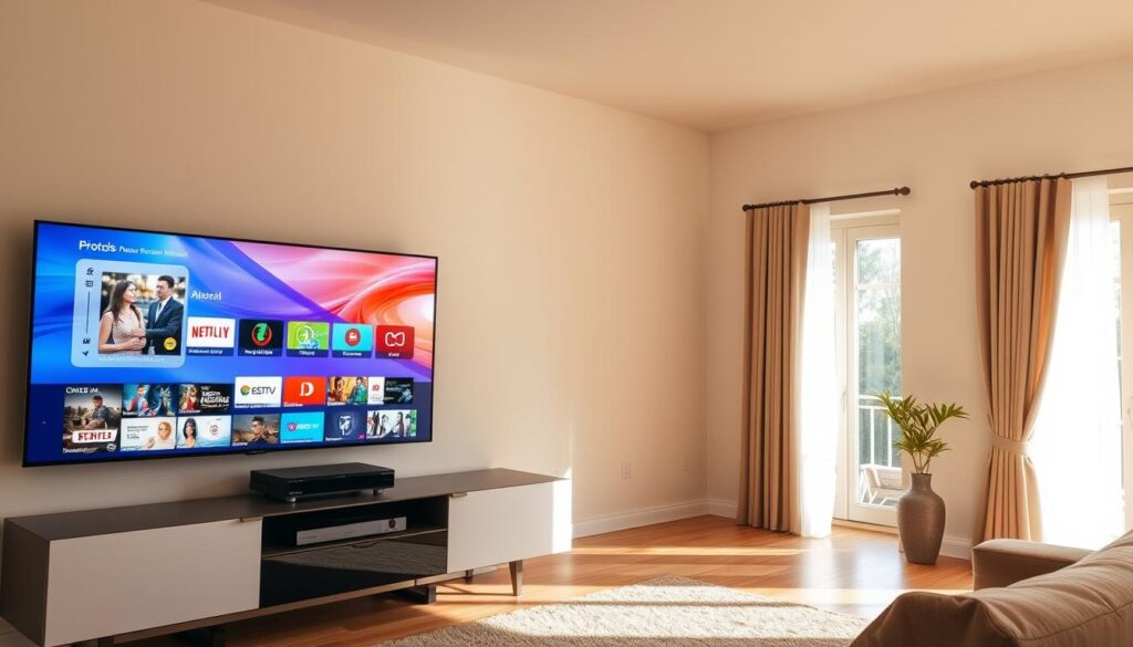 An airy, well-lit living room with a large flatscreen TV mounted on the wall. On the TV screen, a crisp, vibrant IPTV interface displays an array of streaming channels and on-demand content. A sleek, modern media center cabinet stands nearby, housing a high-end IPTV streaming device. The room is bathed in warm, natural lighting filtering through large windows, conveying a sense of comfort and ease. The overall atmosphere is one of effortless, buffer-free entertainment, showcasing the seamless performance of the Anti-Freeze IPTV technology.