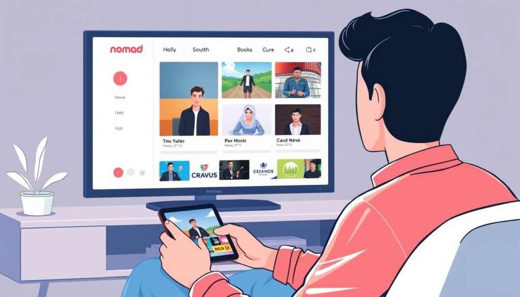 An image of a person easily navigating through Nomad IPTV's interface on their device, with various news channels displayed.