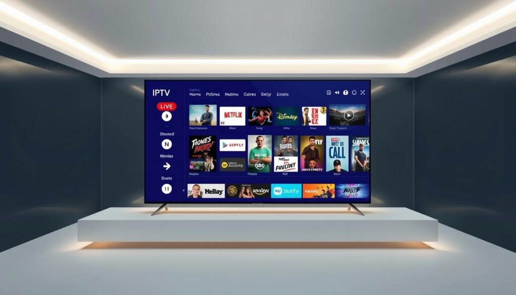 An immersive IPTV app interface showcasing a sleek and modern design. A central screen displays a wide selection of live TV channels, movies, and on-demand content, framed by a clean, minimalist layout. Subtle lighting accentuates the app's intuitive navigation, with crisp icons and smooth transitions guiding the user through a seamless viewing experience. The overall atmosphere radiates a sense of tech-savvy sophistication, inviting the user to explore a comprehensive entertainment hub optimized for the whole household.
