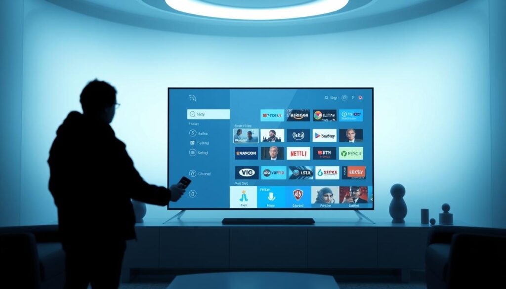 An iptv service operating on a futuristic digital interface, with a minimalist design showcasing a clean and modern user experience. The foreground features a sleek smart TV display, highlighting various channels and streaming options. The middle ground depicts a shadowy figure of a person interacting with the interface using a modern wireless remote control. The background sets the scene with a dimly lit, high-tech environment, hinting at the advanced technology powering the iptv service. The overall atmosphere conveys a sense of sophistication, convenience, and the seamless integration of television viewing in the digital age.
