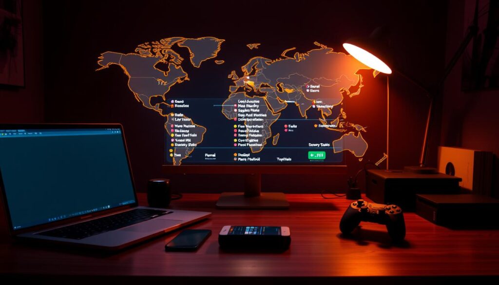 An office desk with a laptop, smartphone, and gaming controller arranged neatly, against a backdrop of a world map and a glowing virtual private network (VPN) interface. The scene is illuminated by warm, directional lighting, creating a sense of focus and productivity. The VPN interface displays various locations, hinting at the ability to access global content. The overall atmosphere conveys the idea of using a VPN to securely stream sports events from around the world, enabling uninterrupted access to live matches without blackouts.