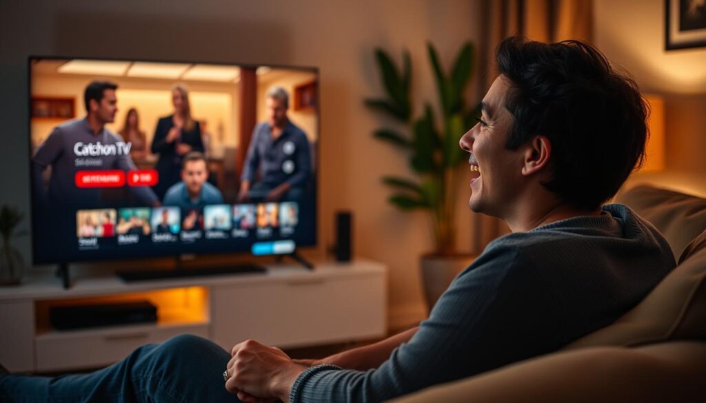 Create an image of a person enjoying their favorite TV show on a Firestick using CatchON TV