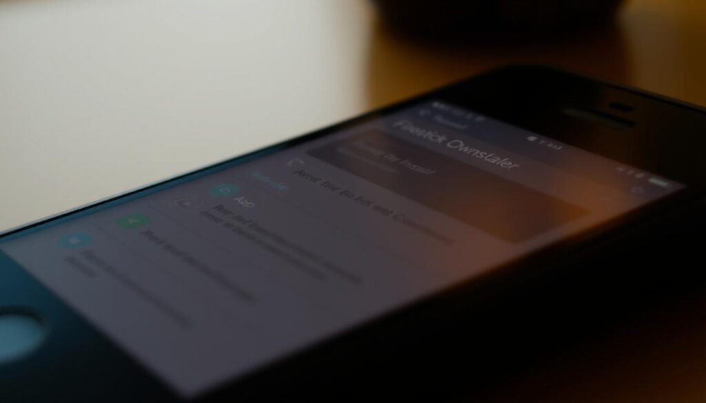 Detailed close-up shot of a mobile device screen displaying the installation process for the Firestick Downloader app. The screen shows step-by-step instructions and UI elements in a clean, minimalist interface. Warm, soft lighting illuminates the device, creating a welcoming atmosphere. The composition focuses on the central task at hand, with a slight blur in the background to maintain visual focus. The overall mood is one of simplicity and ease-of-use, reflecting the straightforward nature of the app installation on an Amazon Firestick device.