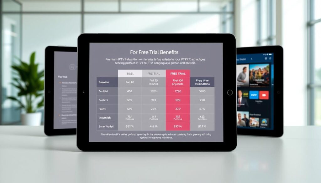 Detailed comparison of free trial benefits for a premium IPTV service. Three tablet devices displayed in a modern, minimalist office setting with natural lighting. The center screen showcases a side-by-side comparison of different subscription tiers, highlighting the advantages of the free trial. The left and right screens depict the user interface and content offerings. A clean, sleek aesthetic with muted colors and geometric shapes conveys a sense of professionalism and reliability.