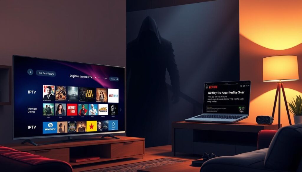 Detailed digital illustration depicting two contrasting IPTV service scenarios. In the foreground, a modern living room setting with a sleek TV display showcasing a user interface for a legitimate, licensed IPTV platform offering a vast, up-to-date library of on-demand movies and TV shows. In the background, a shadowy, ominous environment with a laptop screen displaying an unverified IPTV service, conveying the risks and legal uncertainties associated with unlicensed options. Warm, inviting lighting in the foreground, with a stark, foreboding atmosphere in the background. Cinematic, high-resolution quality with a focus on realism and visual storytelling.