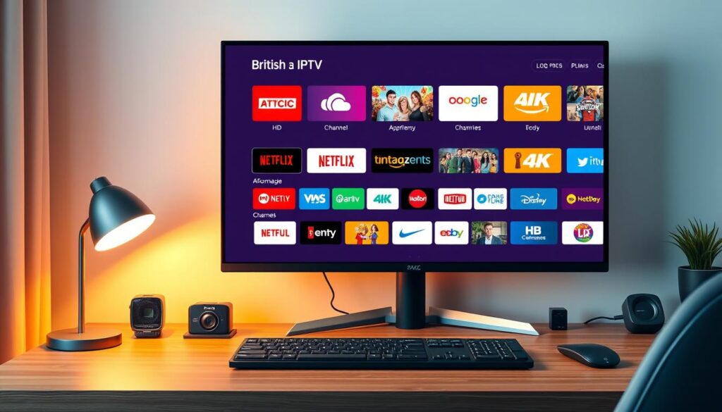 Detailed digital illustration of a British IPTV channel lineup displayed on an LED monitor in a modern home office setting. The screen shows a clean, minimalist interface with vibrant HD and 4K channel logos arranged in a grid layout. Warm, diffused lighting illuminates the desk, creating a cozy, inviting atmosphere. The composition emphasizes the affordable pricing plans highlighted in the foreground, with the channel lineup taking up the majority of the frame. The overall scene conveys a sense of accessibility and value for the IPTV service.