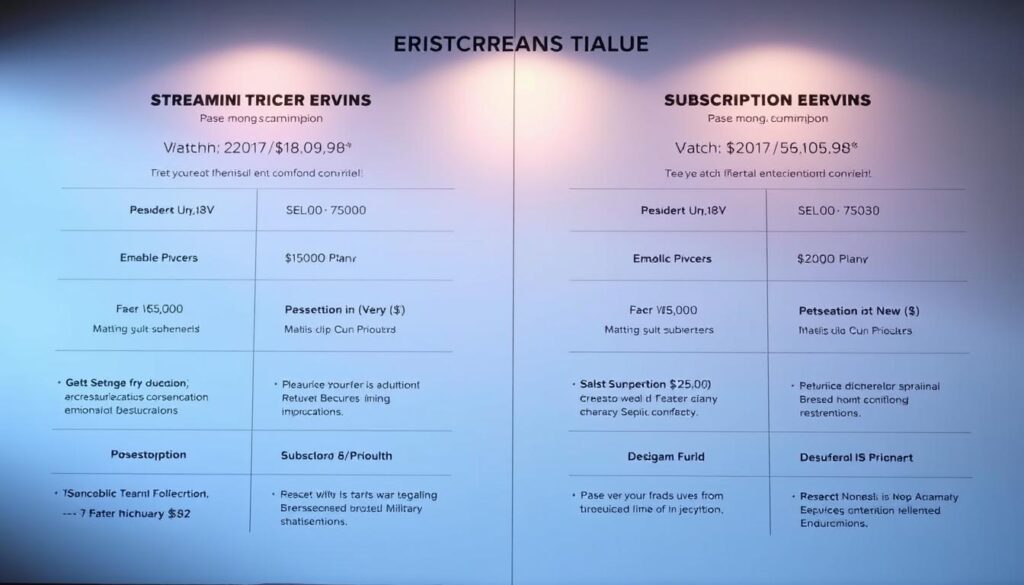 Detailed, side-by-side comparison of streaming service plans and subscription costs, presented in a clean, modern interface. Subtle lighting illuminates the various plan details, with a warm, inviting color palette. The display is crisp and legible, effortlessly highlighting the value proposition for military members. A sense of professionalism and authority pervades the scene, conveying the importance of making an informed decision. The layout is well-balanced, drawing the viewer's eye to the key details without overwhelming. An atmosphere of trust and reliability emanates from the image, reflecting the trustworthy nature of the subject matter.