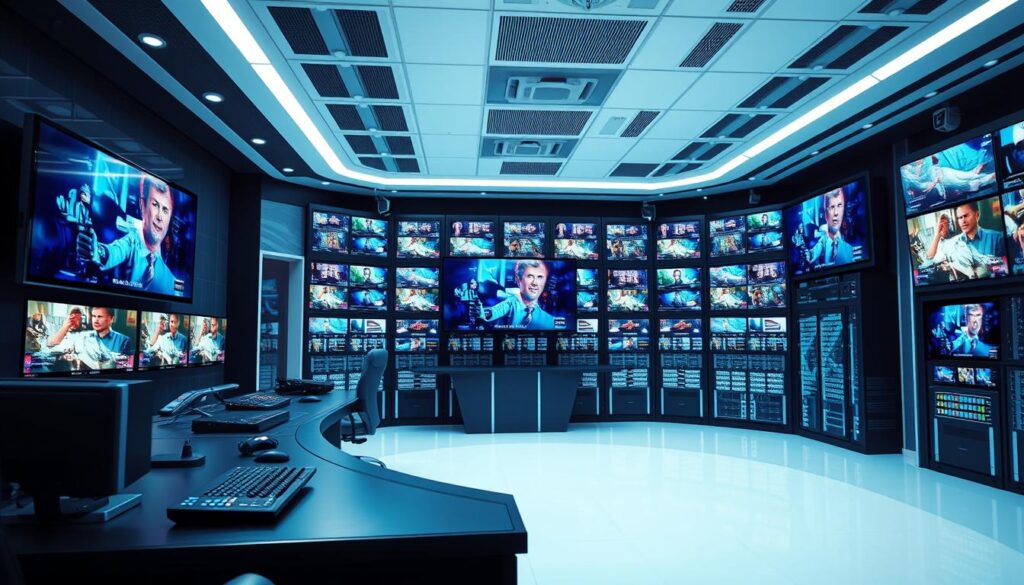 Elegant high-tech television studio with premium IPTV service. Bright, modern interior with sleek screens and controls. Rows of advanced server racks in the background, displaying streams of digital content. Cinematic lighting creates a sense of sophistication and future-forward innovation. The scene conveys the power and potential of a cutting-edge IPTV platform to deliver an unparalleled entertainment experience.