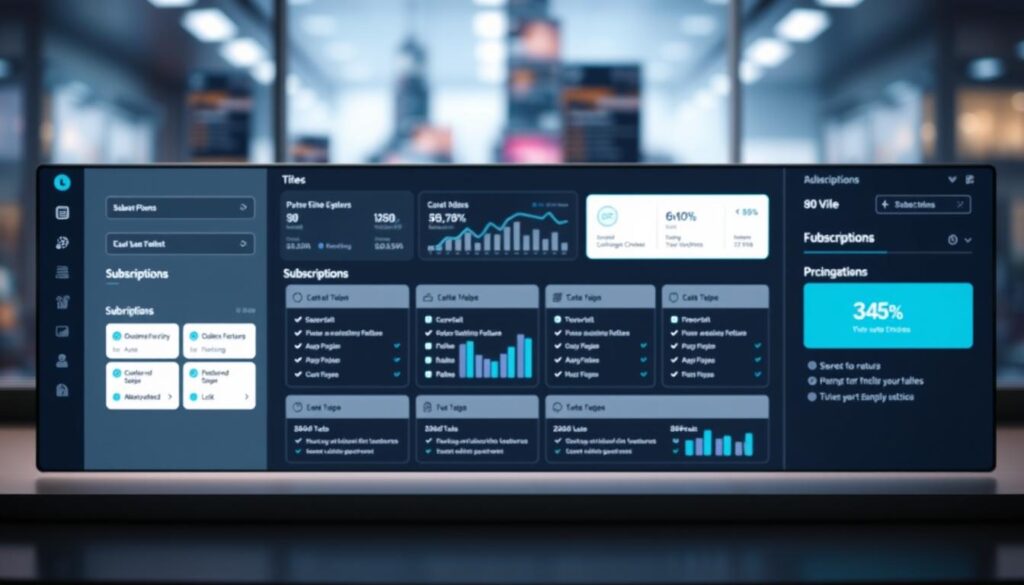 Flexible subscription plans and pricing options displayed on a sleek, modern dashboard. In the foreground, a clean UI with various subscription tiers, clearly highlighting the features and benefits of each plan. The middle ground features interactive charts and graphs demonstrating the cost-effectiveness and value proposition of the plans. In the background, a blurred cityscape or technology-inspired backdrop, conveying a sense of innovation and progress. The lighting is soft and directional, creating depth and highlighting the key elements. The overall mood is one of professionalism, clarity, and a user-friendly, intuitive experience.