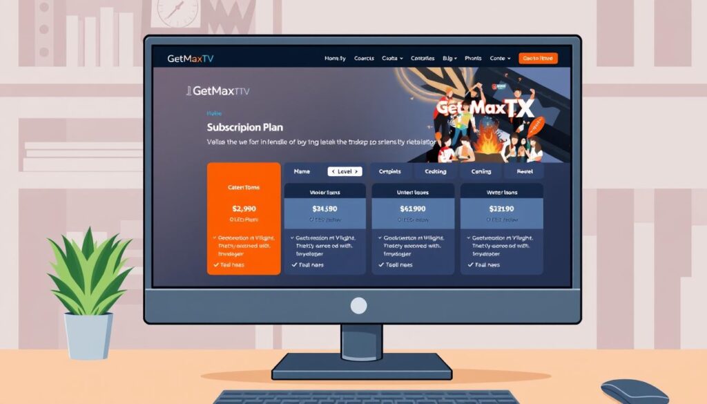 Generate an image of GetMaxTV's website on a desktop, highlighting its subscription plans.