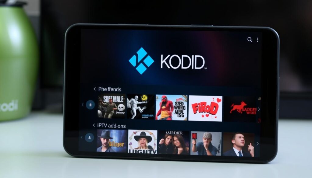 Generate an image of Kodi's interface with IPTV add-ons on an Android device.