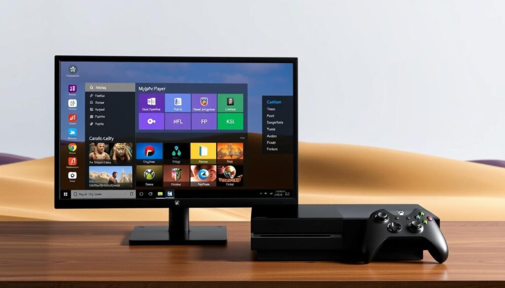 Generate an image of MyIPTV Player interface on Windows and Xbox