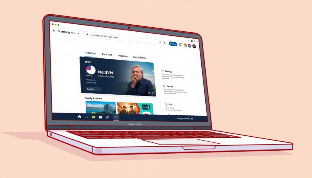 Generate an image of NordVPN's user interface on a laptop screen, showcasing its IPTV streaming capabilities.