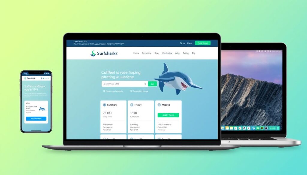 Generate an image of Surfshark VPN interface on multiple devices