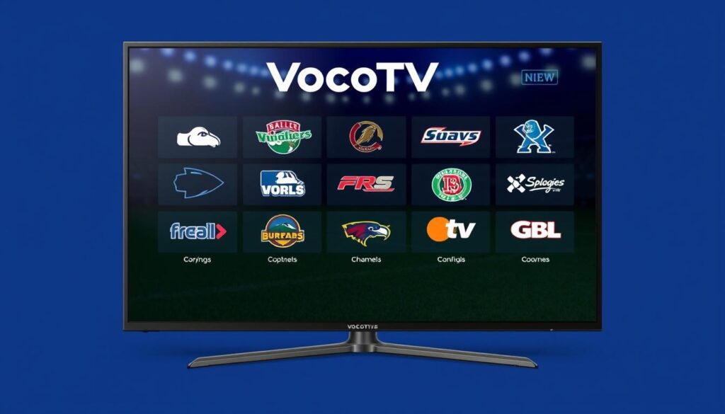 Generate an image of VocoTV's sports channel lineup on a TV screen.