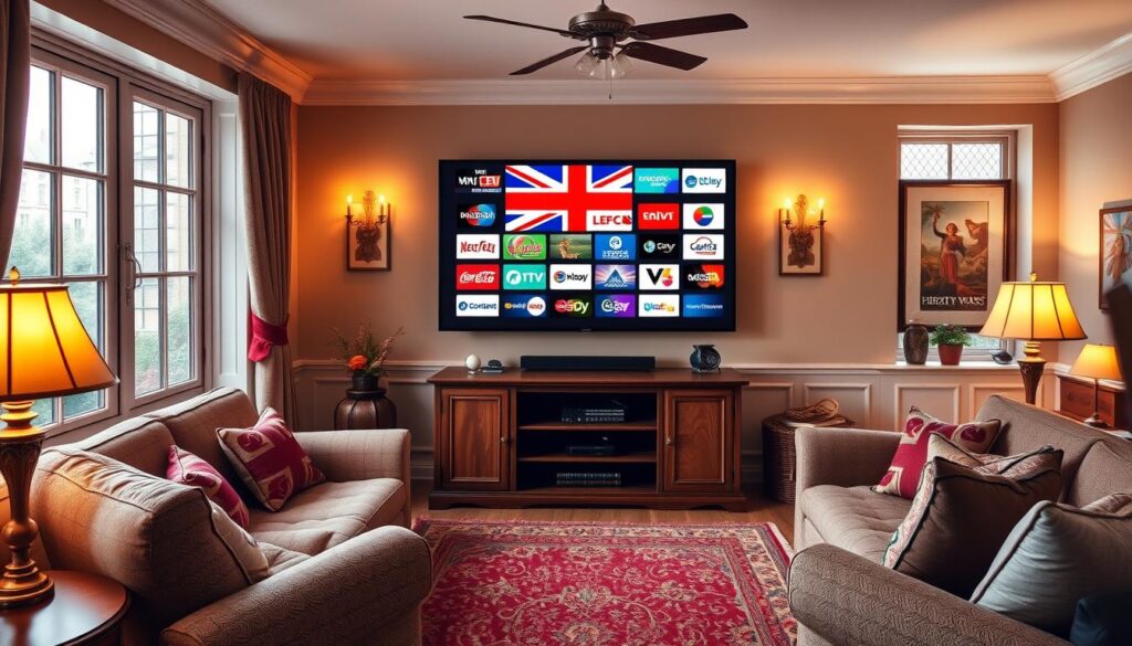 Generate an image of a British living room with a TV displaying various UK channels.
