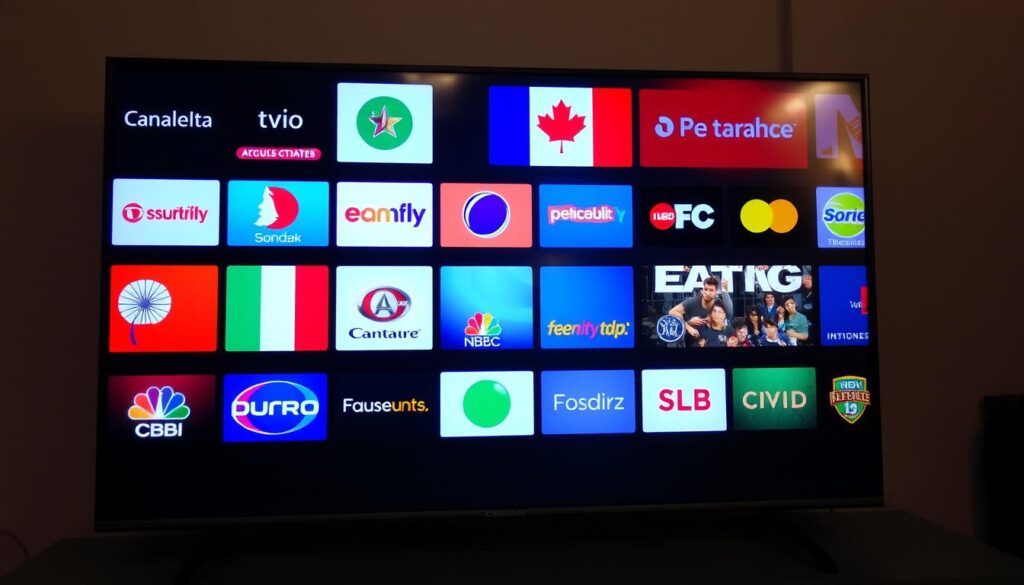 Generate an image of a Canadian TV screen displaying multiple French channels.