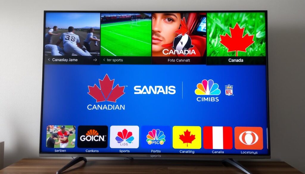 Generate an image of a Canadian TV screen displaying various sports channels and popular Canadian networks.