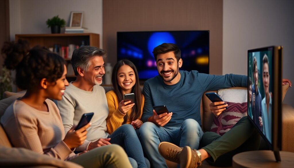 Generate an image of a Canadian family watching IPTV on multiple devices simultaneously.