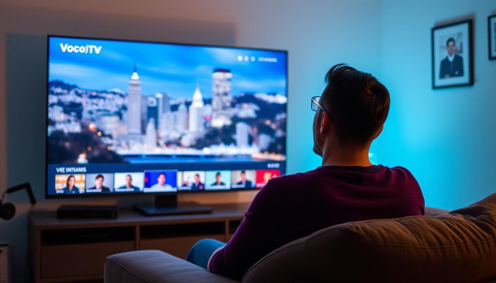 Generate an image of a Canadian viewer enjoying their favorite TV show on VocoTV with a lag-free experience.