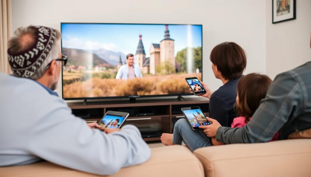 Generate an image of a French-Canadian family watching their favorite TV show on multiple devices via Kemo IPTV Shop.