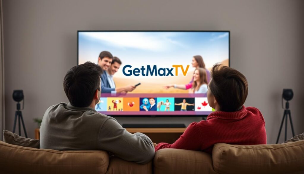 Generate an image of a French-speaking Canadian enjoying their favorite TV show on a smart TV with a GetMaxTV logo on the screen.