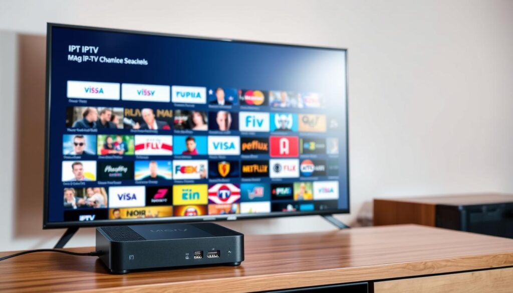 Generate an image of a MAG box connected to a TV, displaying IPTV channels