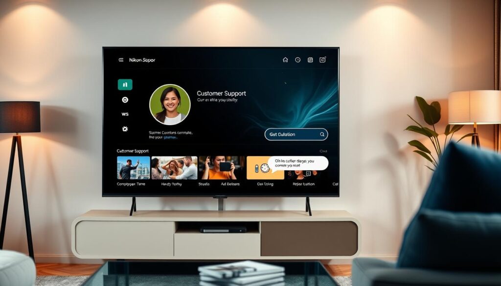 Generate an image of a Nikon IPTV interface on a TV screen with a customer support chat window open.
