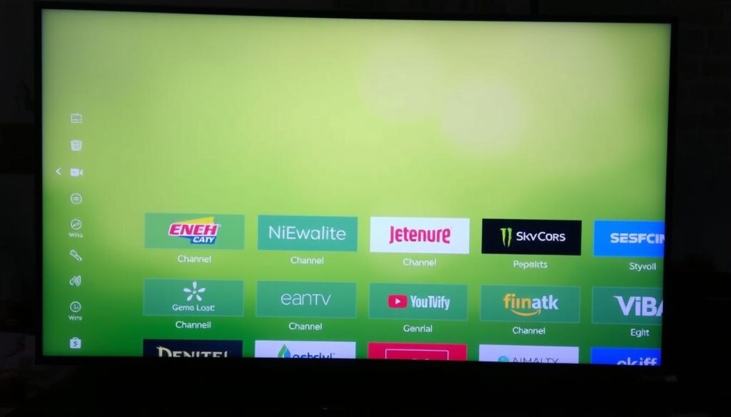 Generate an image of a TV displaying Gemini Streamz IPTV's channel lineup