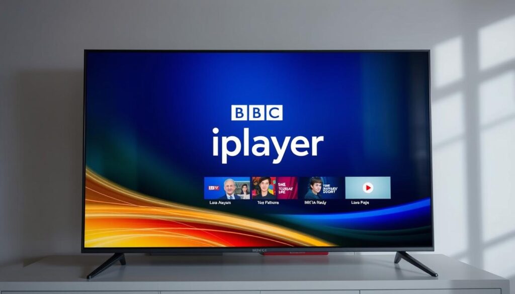 Generate an image of a TV screen displaying BBC iPlayer content accessed through an IPTV service.
