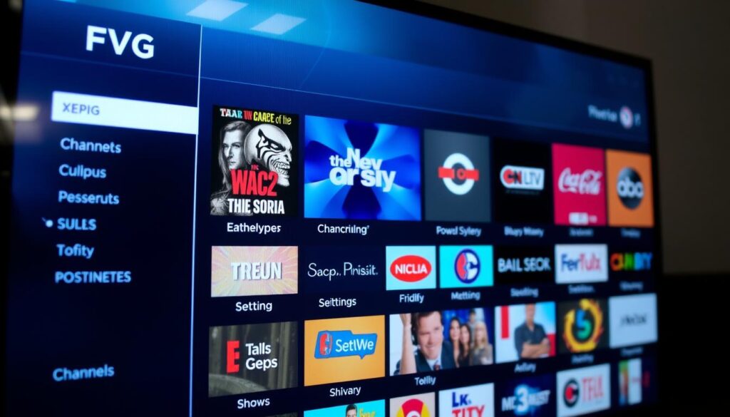 Generate an image of a TV screen displaying an Electronic Program Guide (EPG) with various channels and programming information.