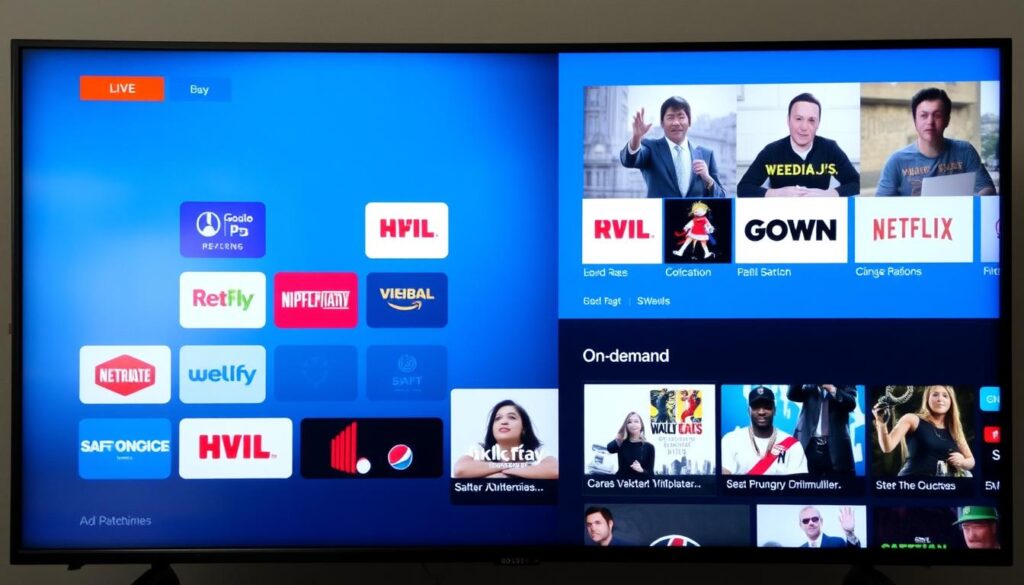 Generate an image of a TV screen displaying multiple channels and on-demand content