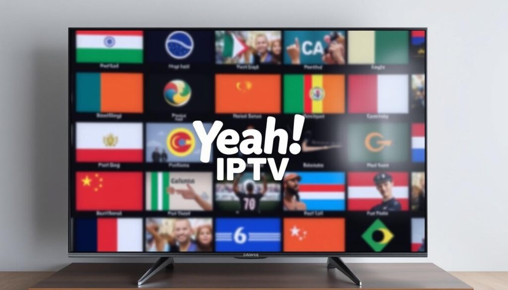 Generate an image of a TV screen displaying multiple international channels simultaneously, with a prominent "Yeah! IPTV" logo.