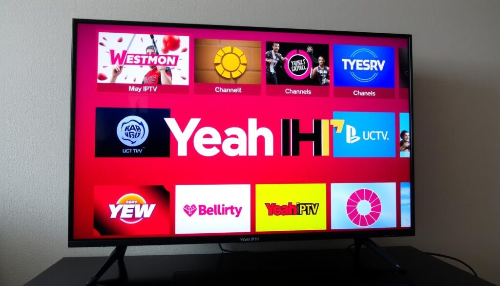 Generate an image of a TV screen displaying various channels from Yeah! IPTV