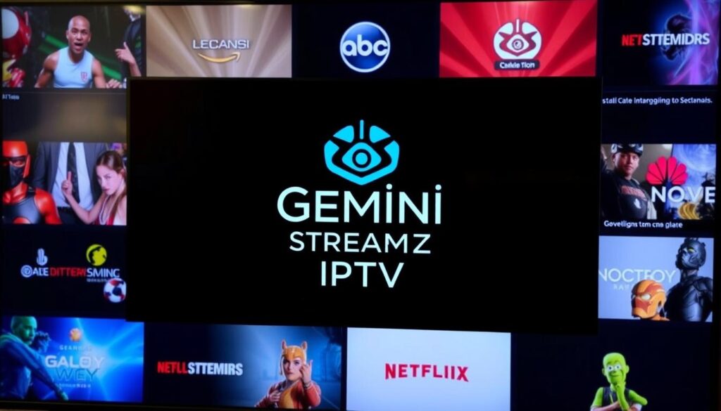 Generate an image of a TV screen displaying various channels with a Gemini Streamz IPTV logo.