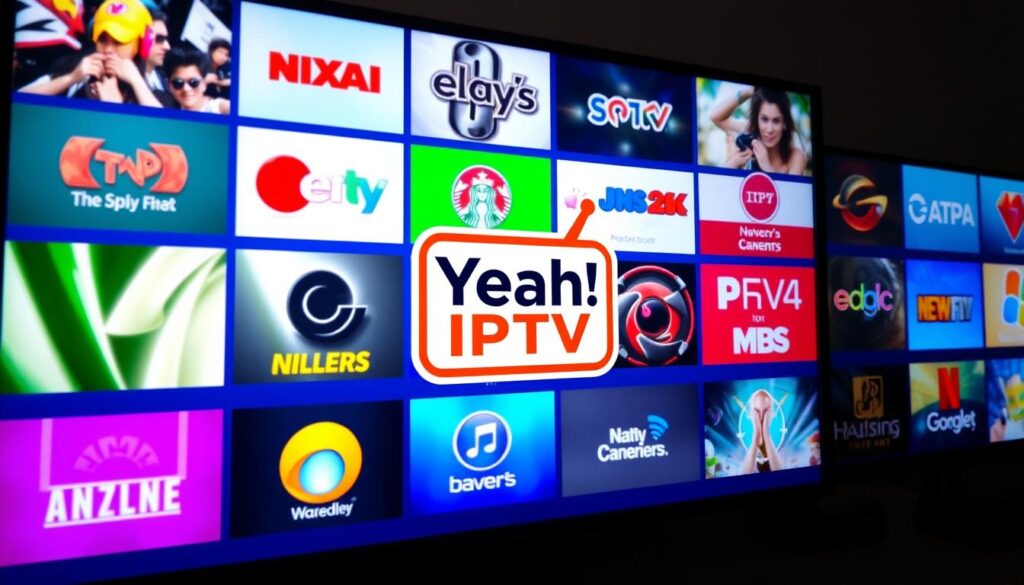Generate an image of a TV screen displaying various channels with a "Yeah! IPTV" logo.