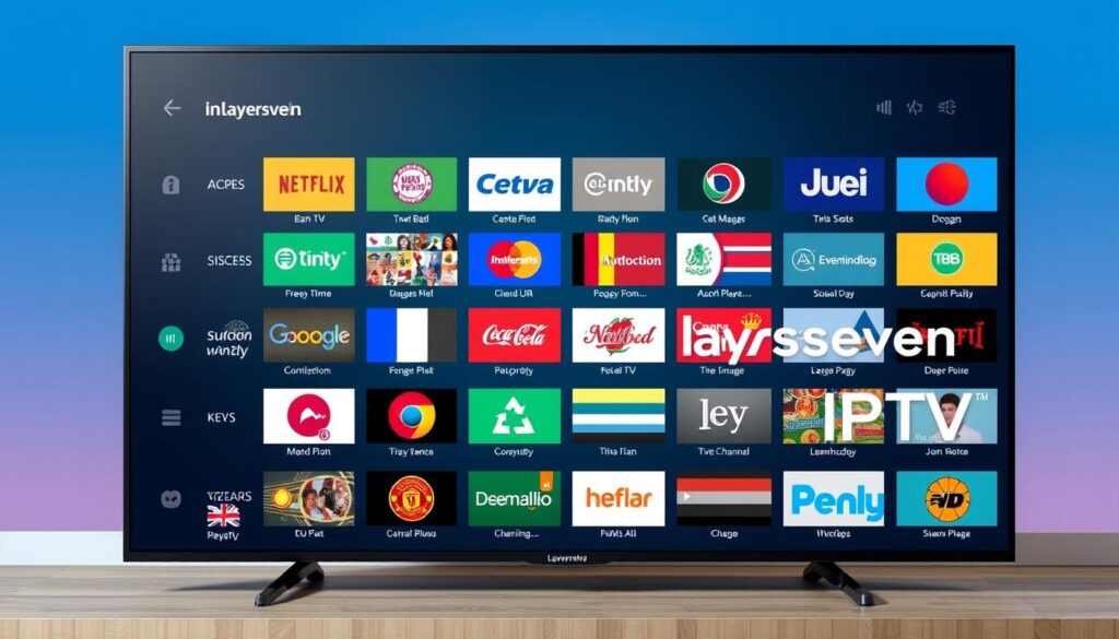 Generate an image of a TV screen showing a variety of international channels with a "Layerseven IPTV" logo.