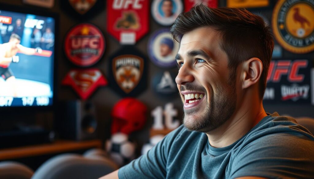 Generate an image of a UFC fan watching a fight on IPTV with a satisfied expression