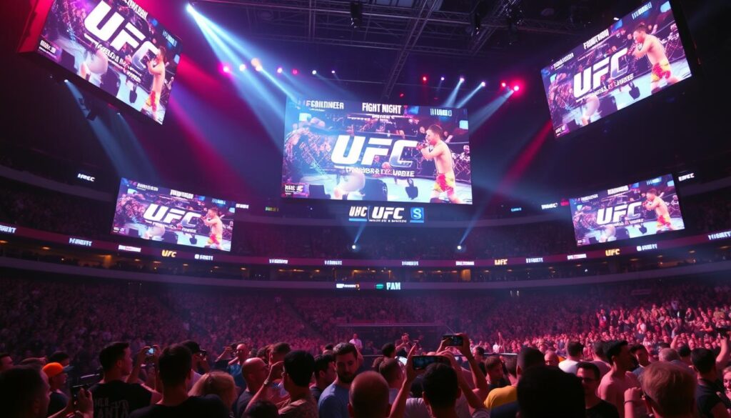Generate an image of a UFC fight night with multiple screens showing different angles and replays.